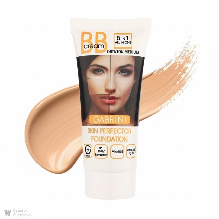 کرم پودر BB مایع گابرینی مدل 8 در 1 شماره 02-M حجم 50 میلیلیتر پوشانندگی بالا SPF 15 رنگ مدیوم مناسب انواع پوست