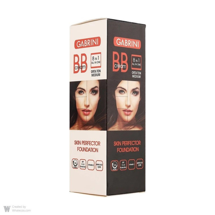 کرم پودر BB مایع گابرینی مدل 8 در 1 شماره 02-M حجم 50 میلیلیتر پوشانندگی بالا SPF 15 رنگ مدیوم مناسب انواع پوست