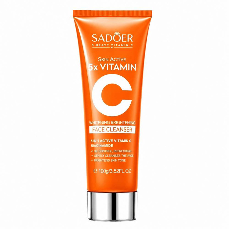 فوم شستشوی صورت تیوپی سادور مدل 5x Vitamin C حجم 100 گرم دارای ویتامین سی پاککننده روشنکننده تنظیمکننده چربی صورت