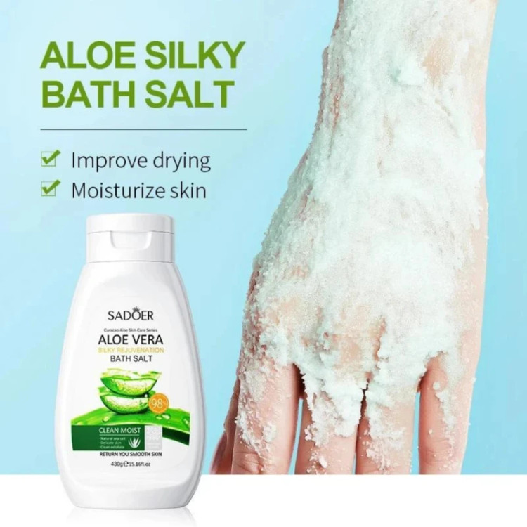 نمک حمام ژلی آلوئه ورا مدل ALOE VERA SILKY نرم کننده و لایه بردار پوست، سازگار با انواع پوست حجم 430 گرم