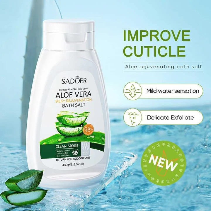 نمک حمام ژلی آلوئه ورا مدل ALOE VERA SILKY نرم کننده و لایه بردار پوست، سازگار با انواع پوست حجم 430 گرم