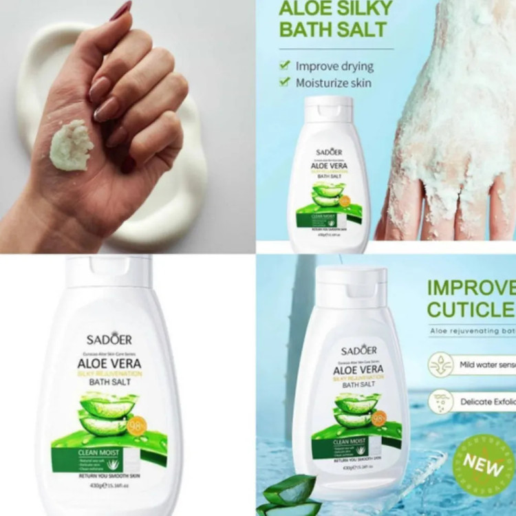 نمک حمام ژلی آلوئه ورا مدل ALOE VERA SILKY نرم کننده و لایه بردار پوست، سازگار با انواع پوست حجم 430 گرم
