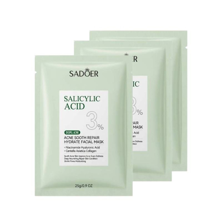 ماسک صورت سالیسیلیک اسید سادور مدل Salicylic Acid 3% مناسب پوست های چرب و مستعد آکنه آبرسان و ترمیم کننده پوست مجموعه ۳ عددی