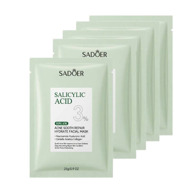 ماسک صورت سالیسیلیک اسید سادور مدل Salicylic Acid 3% مناسب پوست های چرب و مستعد آکنه آبرسان و ترمیم کننده پوست مجموعه ۵ عددی