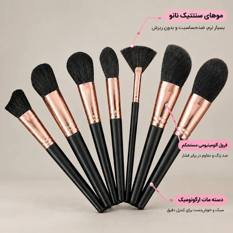 ست براش آرایشی میکسی مدل 18 تکه رنگ مشکی براش دسته بلند الیاف مصنوعی بدون ریزش استفاده برای آرایش صورت چشم ابرو بینی گردن گونه